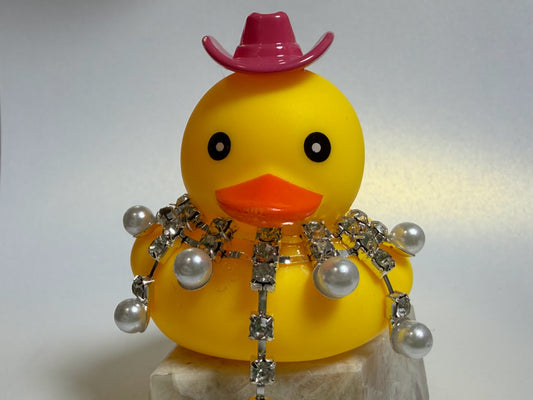 💛🤠 Yellow Rubber Ducky with Pink Cowgirl Hat & Rhinestone Necklace