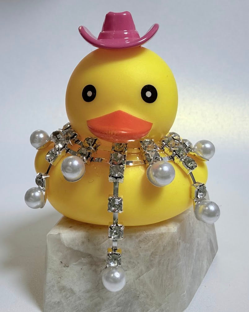 💛🤠 Yellow Rubber Ducky with Pink Cowgirl Hat & Rhinestone Necklace
