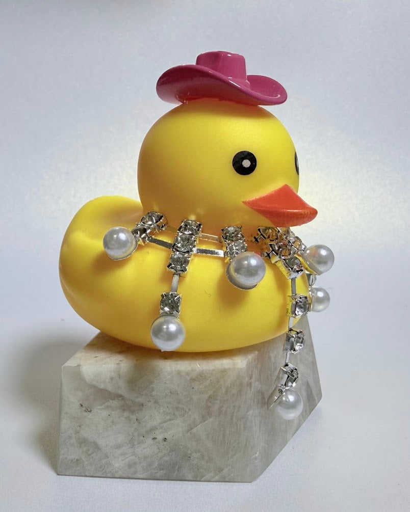 💛🤠 Yellow Rubber Ducky with Pink Cowgirl Hat & Rhinestone Necklace