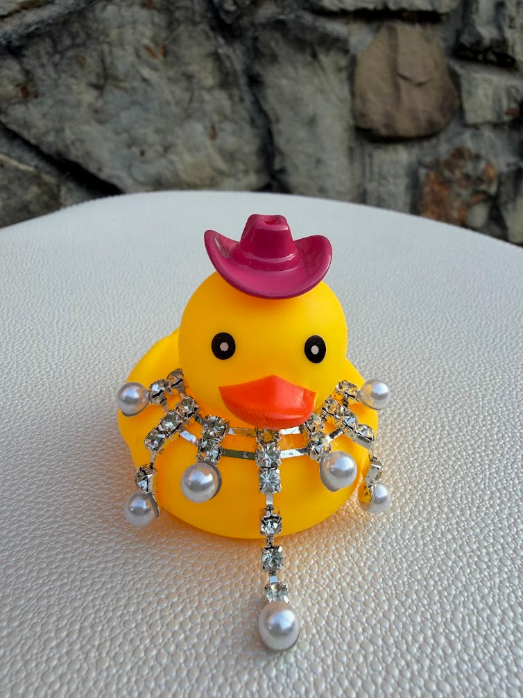 💛🤠 Yellow Rubber Ducky with Pink Cowgirl Hat & Rhinestone Necklace